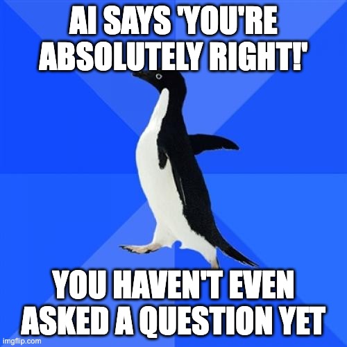 &ldquo;Awkward Penguin&rdquo; - &ldquo;AI says &lsquo;You&rsquo;re absolutely right!&rsquo; / You haven&rsquo;t even asked a question yet&rdquo;