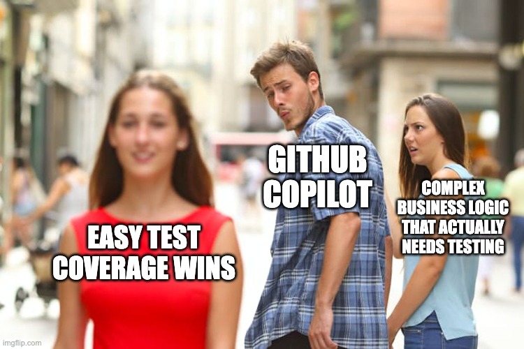 &ldquo;Distracted Boyfriend&rdquo; - Guy looking back at &ldquo;Easy test coverage wins&rdquo; while walking with &ldquo;Complex business logic that actually needs testing&rdquo;